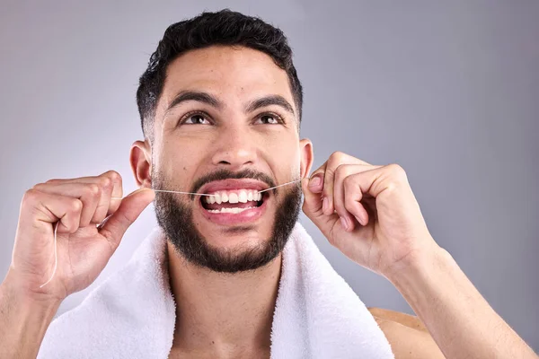 Face Man Floss Teeth Dental Health Studio Isolated White Background — Stock Photo, Image