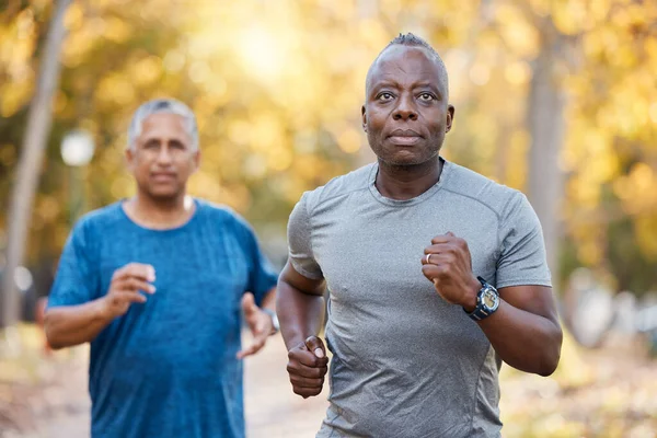 stock image Race, friends and running with old men in park for fitness, workout and exercise. Wellness, retirement and marathon with senior people training in nature for motivation, sports and morning cardio.