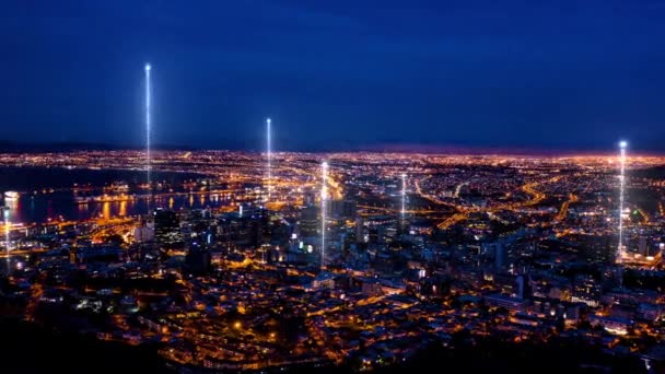 Smarta Städer Dataströmmar Och Nätverksanslutning Med Ljus Natt Eller Byggnader — Stockvideo