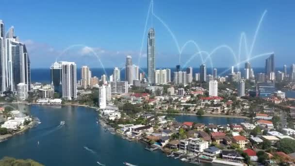 Cidade Inteligente Conexão Luz Por Edifícios Para Rede Comunicação Contato — Vídeo de Stock