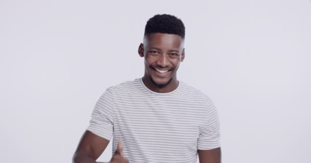 Happy Thumbs Face Black Man Studio Isolated White Background Portrait — Stock Video