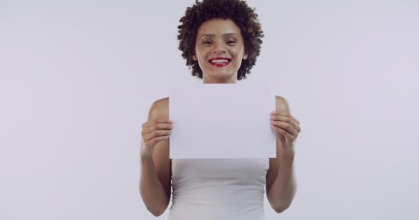 Kobieta Plakat Makieta Studio Uśmiechem Twarzą Pięknem Promocji Głosowania Lub — Wideo stockowe