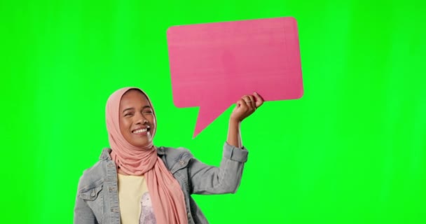 Musulmán Mujer Papel Firman Por Pantalla Verde Burbuja Del Habla — Vídeos de Stock