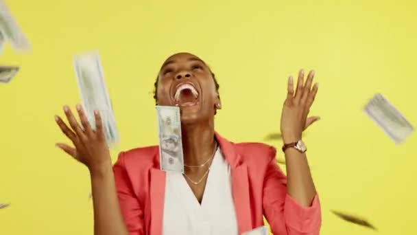 Raining Money Dance Happy Woman Winning Lotto Award Financial Competition — Stock Video