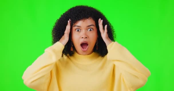 Shock News Omg Woman Green Screen Background Studio Covering Her — Stock Video