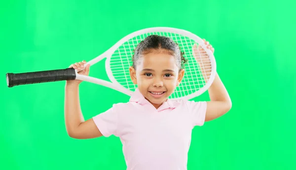 Kinderen Tennis Een Meisje Een Groene Achtergrond Studio Voor Sport — Stockfoto