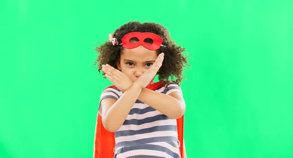 Superbohater Dziecko Znak Stop Zielonym Ekranie Rąk Walki Przestępczością Fantazji — Zdjęcie stockowe