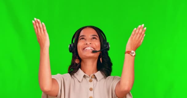 Τηλεφωνικό Κέντρο Εξυπηρέτηση Πελατών Και Γυναίκα Στην Πράσινη Οθόνη Χέρια — Αρχείο Βίντεο