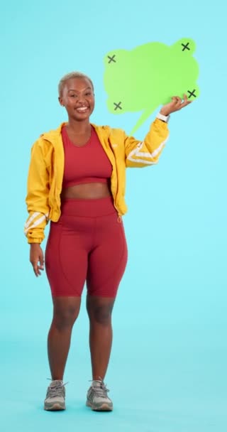 Fitness Řečová Bublina Černá Žena Zelenou Obrazovkou Pro Makupy Billboardy — Stock video