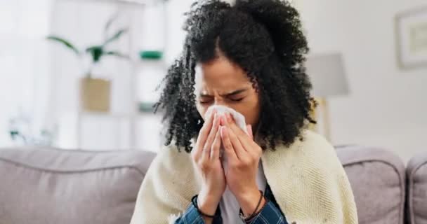 Sick Woman Tissue Blowing Nose Home Allergies Cold Virus Hayfever — Stock Video