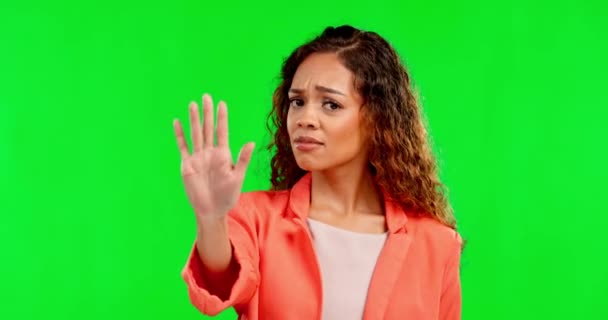 Face Hand Woman Warning Green Screen Girl Stop Studio Background — Stock Video