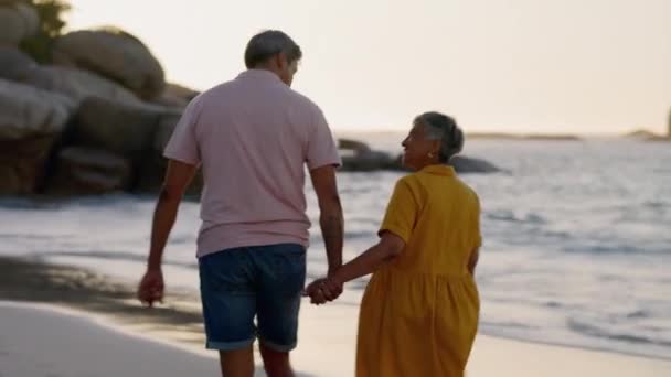 Kembali Pasangan Pantai Dan Berpegangan Tangan Untuk Berjalan Saat Matahari — Stok Video