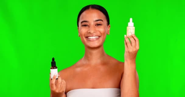 Tela Verde Mulher Rosto Para Comparação Soro Beleza Produto Óleo — Vídeo de Stock
