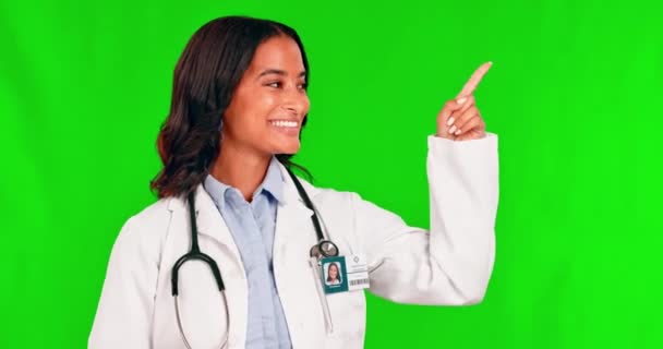 Healthcare Δείχνοντας Και Μια Γυναίκα Γιατρός Ένα Πράσινο Φόντο Οθόνη — Αρχείο Βίντεο