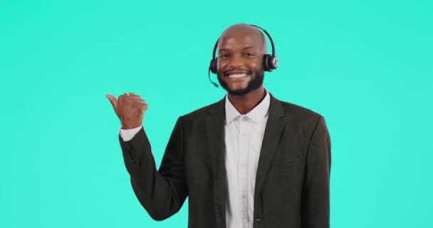 Portrait Call Center Pointing Black Man Consultant Blue Background Studio — Stock Video