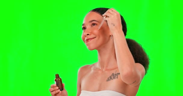 Сироватка Краса Обличчя Жінки Зеленому Екрані Оздоровлення Скінарію Лікування Обличчя — стокове відео