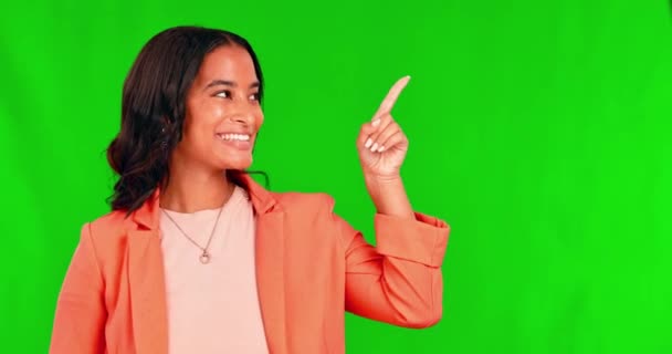 Femme Affaires Visage Écran Vert Pointant Vers Traiter Choix Placement — Video