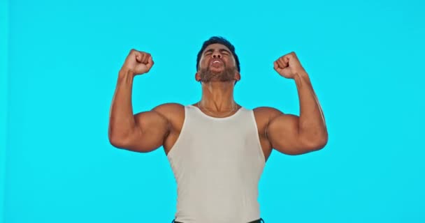 Fitness Celebration Face Man Pointing Studio Mockup Advertising Space Blue — Stock Video