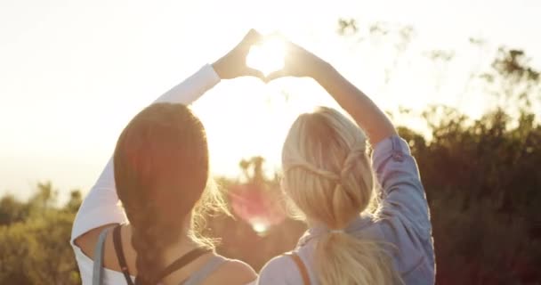 Καρδιά Ηλιοβασίλεμα Και Χέρια Φίλους Στη Φύση Για Δέσιμο Κοινωνική — Αρχείο Βίντεο