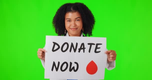 Woman Doctor Blood Donation Sign Green Screen Wellness Support Haematologist — Stock Video