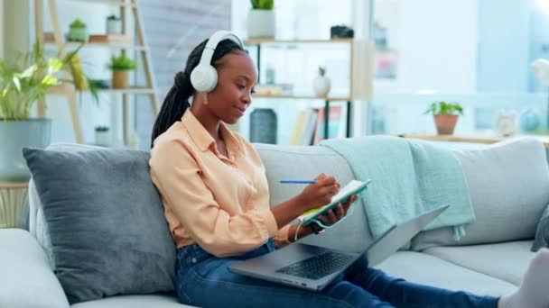 Black Woman Laptop Video Call Sofa Education Webinar Learning University — Stock Video