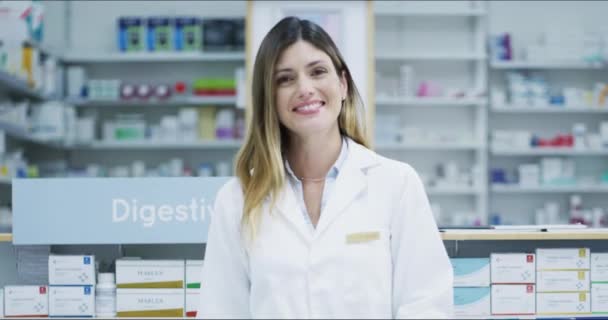 Farmacista Medicina Viso Donna Farmacia Benessere Medicina Servizio Medico Amichevole — Video Stock