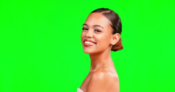 Beleza Rosto Mulher Rindo Retrato Fundo Tela Verde Para Maquiagem — Vídeo de Stock