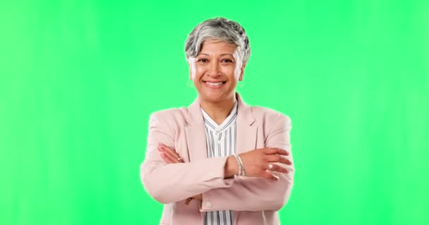 Tela Verde Braços Cruzados Rosto Mulher Negócios Com Orgulho Confiança — Vídeo de Stock