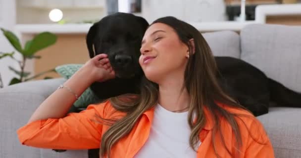 快乐的女人和她的狗在家里放松一下 以获得精神健康 健康或情感支持 爱和照顾 坐在客厅地板上的年轻人和宠物 动物或拉布拉多猎犬 — 图库视频影像