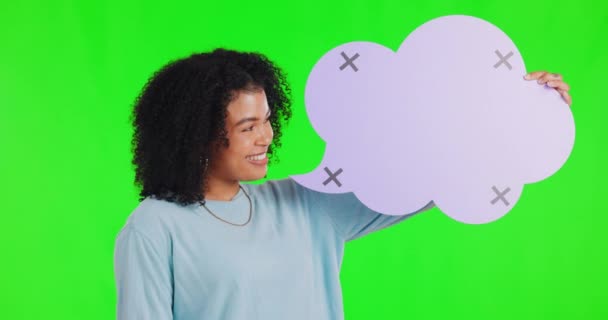 Cara Feliz Mujer Con Burbuja Del Habla Pantalla Verde Estudio — Vídeos de Stock