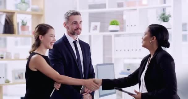 在工作面试或人力资源会议过程中的握手 招聘或商务人员 招聘机会或人力资源经理与公司空缺职位的快乐应聘者握手 — 图库视频影像