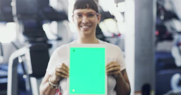 Avaliação Mulher Personal Trainer Tela Verde Tablet Para Espaço Marketing — Vídeo de Stock