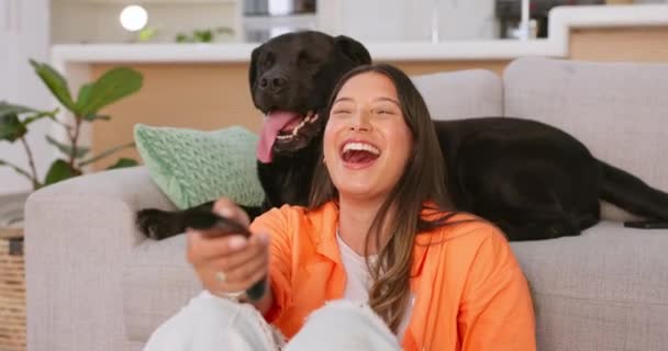 Mulher Rindo Assistindo Com Seu Cão Sala Estar Para Show — Vídeo de Stock