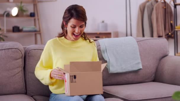 Wanita Bahagia Kotak Dan Pengiriman Ecommerce Sofa Membongkar Paket Kargo — Stok Video