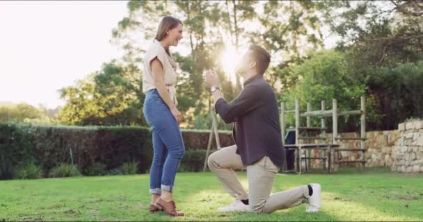 Liebe Natur Und Mann Auf Knien Für Einen Heiratsantrag Seine — Stockvideo
