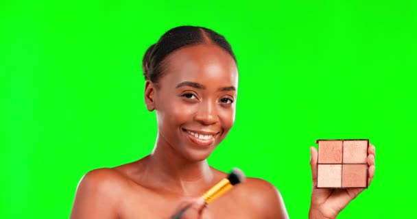 美しさと化粧品のルーチンのためのスタジオで赤面してメイク 顔と黒の女性 緑の画面による顔の化粧品製品とアフリカの女性モデルの化粧品 ブラシと肖像画 — ストック動画