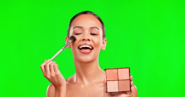Piękno Makijaż Szczotka Kobiecego Portretu Zielonym Tle Ekranu Dla Kosmetycznego — Wideo stockowe