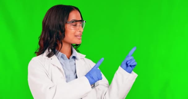 Γυναίκα Επιστήμονας Και Πορτρέτο Πράσινη Οθόνη Που Δείχνει Τις Συμβουλές — Αρχείο Βίντεο