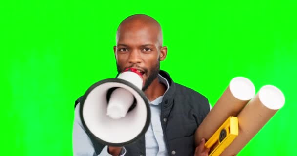 Face Megaphone Black Man Engineer Green Screen Studio Isolated Background — Stock Video