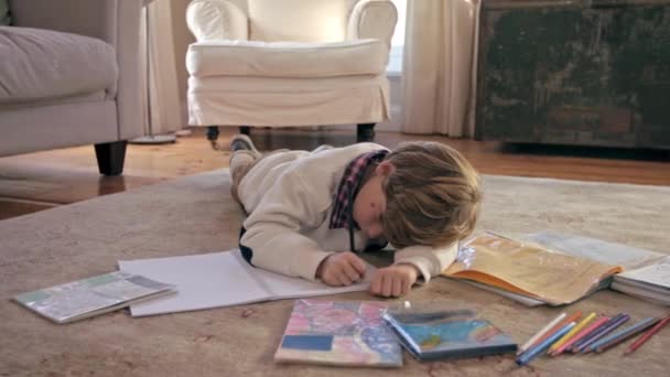 成長と発展のためのリビングルームのカーペットの上の子供と教育 プロジェクト ノートブック 自宅で床の上に男の子学生と一緒に勉強創造的 芸術と図面 — ストック動画