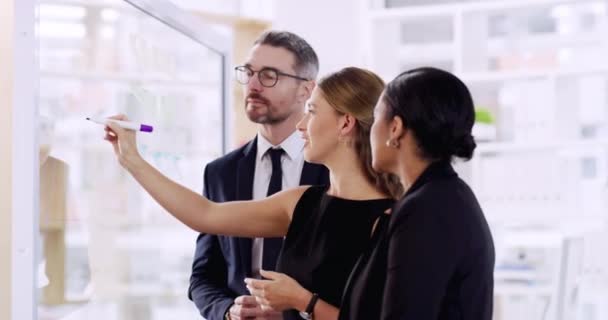 Geschäftsleute Ideen Und Brainstorming Mit Team Auf Glas Für Zeitplan — Stockvideo