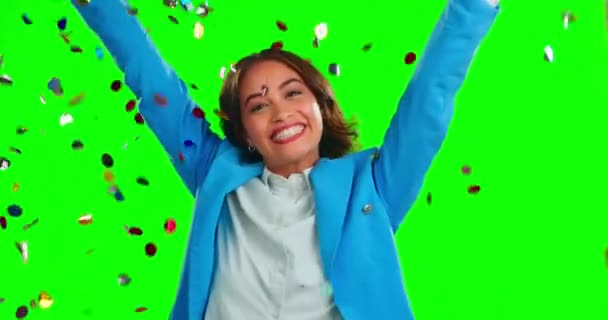 Πρόσωπο Επιτυχία Και Γυναίκα Κομφετί Πράσινη Οθόνη Και Γιορτή Ευτυχία — Αρχείο Βίντεο