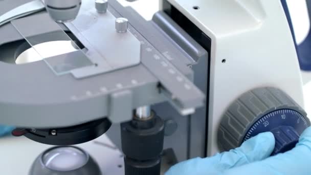 镜片或医生手与显微镜在实验室进行Dna研究 学习或细菌研究 创新或科学家与技术合作进行未来 医学或疫苗分析 — 图库视频影像