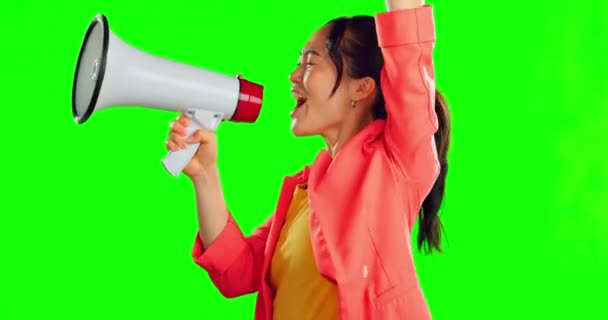 Megafoon Groen Scherm Studio Aziatische Vrouw Met Spreker Voor Rechtvaardigheid — Stockvideo