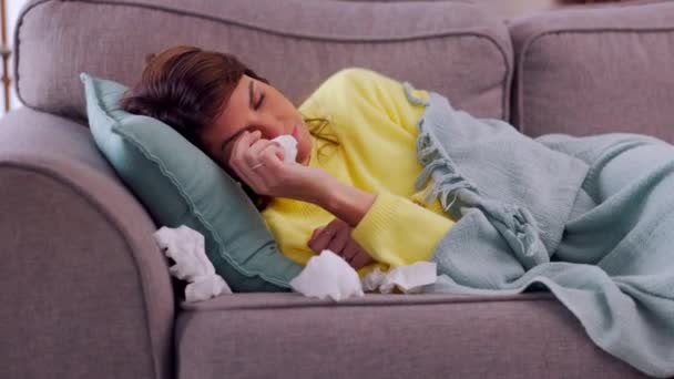 Sick Cold Woman Blowing Nose Sofa While Suffering Flu Sinus — Stock Video