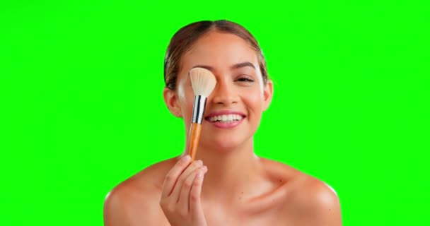 Pantalla Verde Pincel Maquillaje Sombra Ojos Para Cara Mujer Estudio — Vídeos de Stock