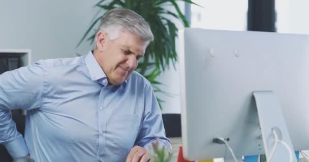 Senior Mand Business Manager Rygsmerter Kontor Ved Computeren Med Skade – Stock-video