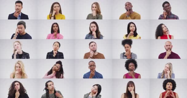 Group People Thinking Montage Studio Ideas Brainstorming Confused White Background — Stock Video
