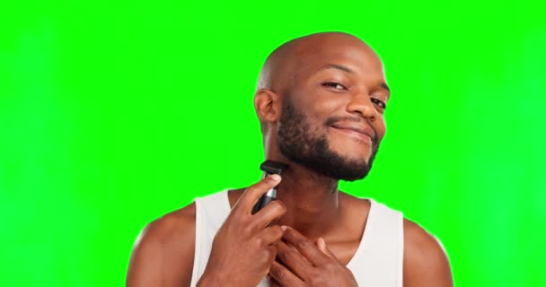 Hombre Negro Depilación Facial Pantalla Verde Afeitado Sonrisa Retrato Belleza — Vídeo de stock