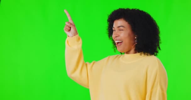 Şaret Parmağı Mutlu Kadın Reklam Alanı Duyuru Terfi Için Yeşil — Stok video
